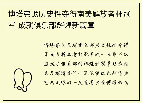 博塔弗戈历史性夺得南美解放者杯冠军 成就俱乐部辉煌新篇章