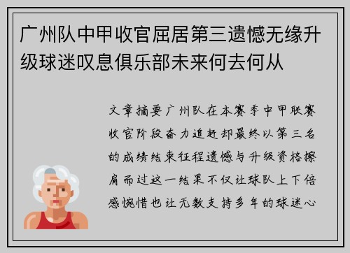 广州队中甲收官屈居第三遗憾无缘升级球迷叹息俱乐部未来何去何从